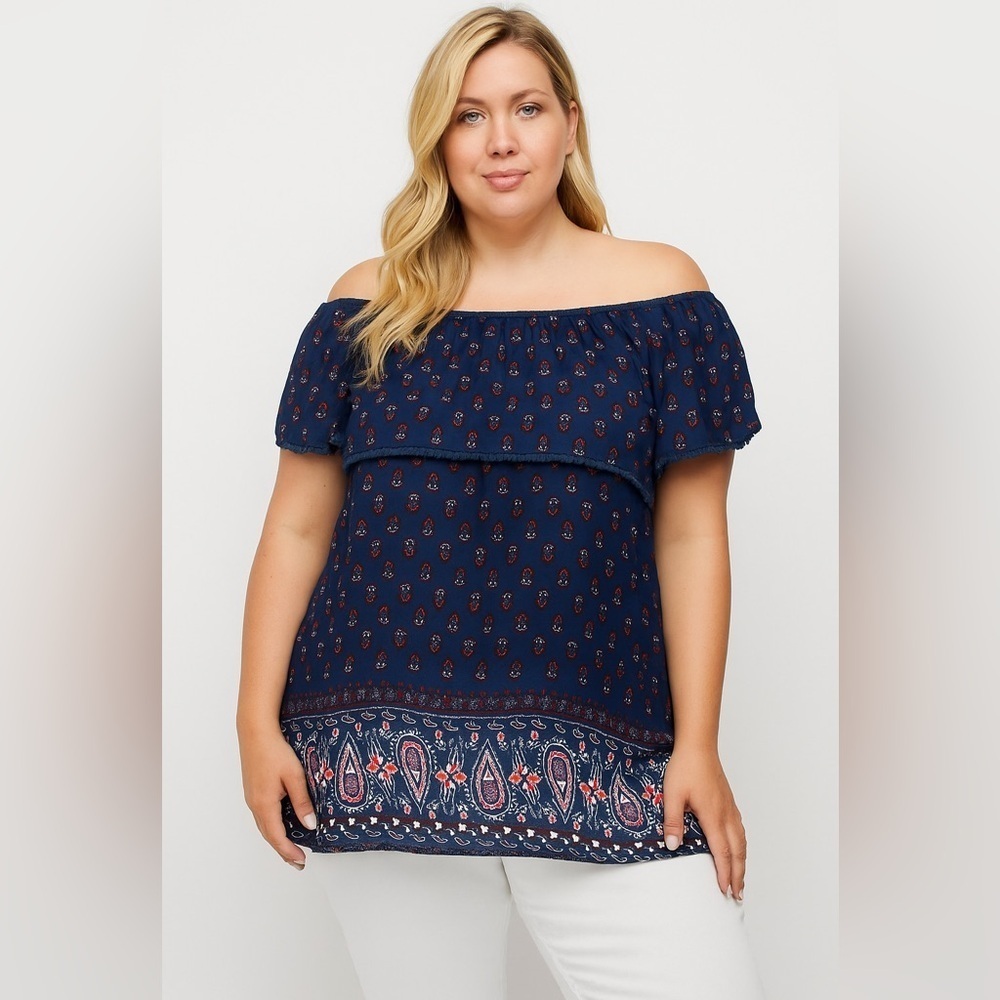 Faded Glory Peasant Tunic Blouse Woman 1X Plus Blue Rayon Paisley Boho
Mt2